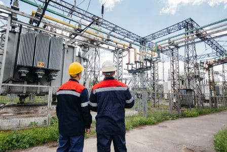 Electrical substation engineers inspect modern high-voltage equipment